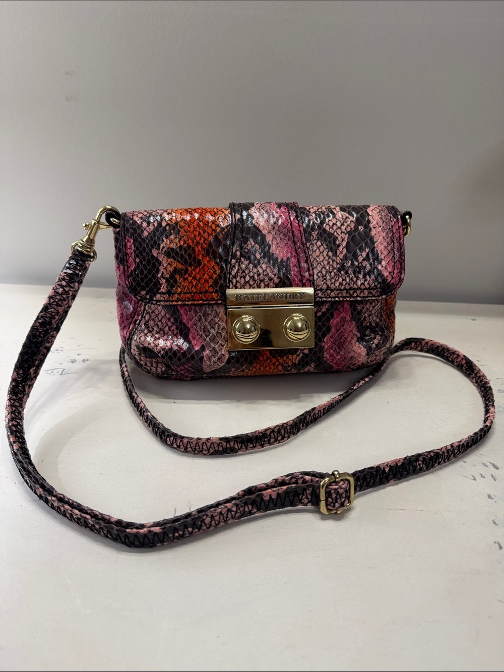 KATE LANDRY Multi Color Snakeskin Mini Crossbody Bag Gold Push Lock Closure